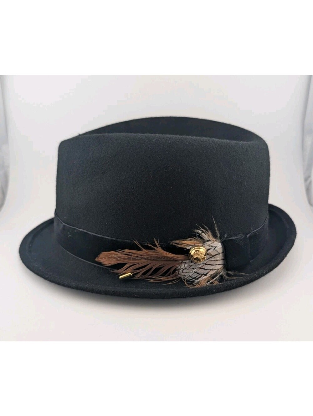 Juicy Couture Black Feather Fedora Hat Wool Women's Gold Pin Y2k